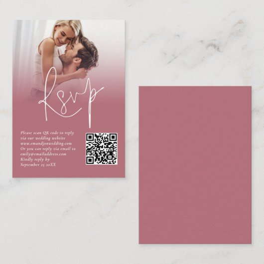 Foto Overlay QR Roos Goud Script Bruiloft RSVP Informatiekaartje (Voorkant / Achterkant)