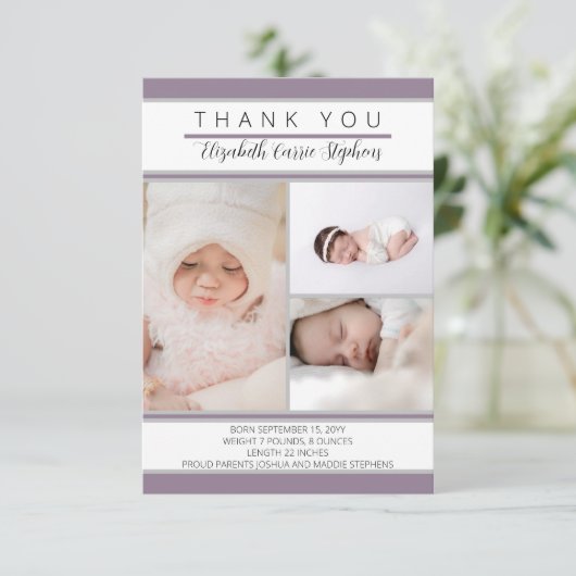 Foto Paars Baby shower |Birth Announcemen Bedankkaart (Staand voorkant)