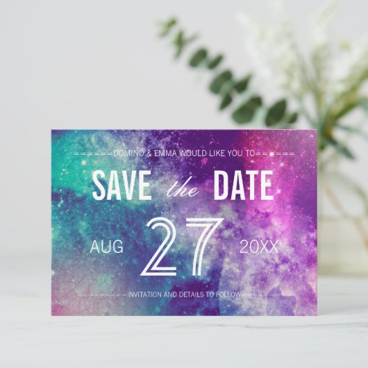 Foto Pastel Galaxy Save the Date Cards (Staand voorkant)