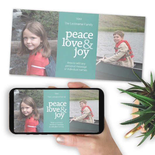 Foto: Peace Love & Joy - Pastel Blauwgroen Aqua Feestdagenkaart