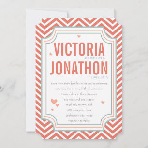 Foto Perzikkleurig en Mint Zig Zag Typografie Wedd Kaart