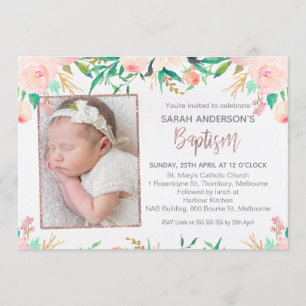 Foto Pink Gold Floral Baptism-uitnodiging Kaart