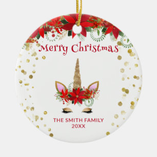 Foto Poinsettia Eenhoorn met Rode Kerstmis Keramisch Ornament