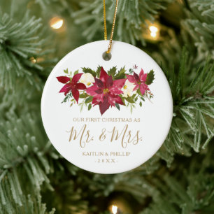 Foto Poinsettia Elegante Pas getrouwd Eerste Kerst Keramisch Ornament