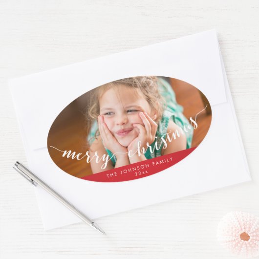 Foto Prettig Kerstmis Ovaal Rode Stickers (Envelop)