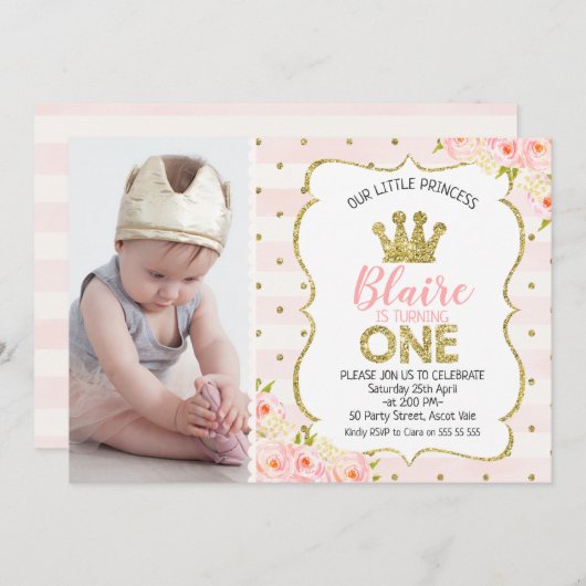 Foto Princess Crown 1st Birthday Uitnodiging (Voorkant / Achterkant)