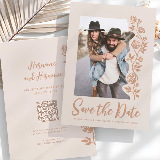 Foto QR Code Boho Aardse Hand getrokken Rozen Webs Save The Date