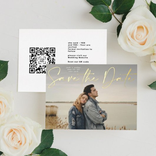 Foto QR code Gold Foil Save the Date Kaart
