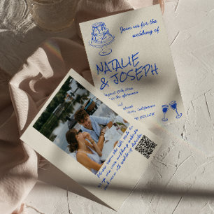 Foto QR-code handgetekende blauwe cake linten Huwe Kaart