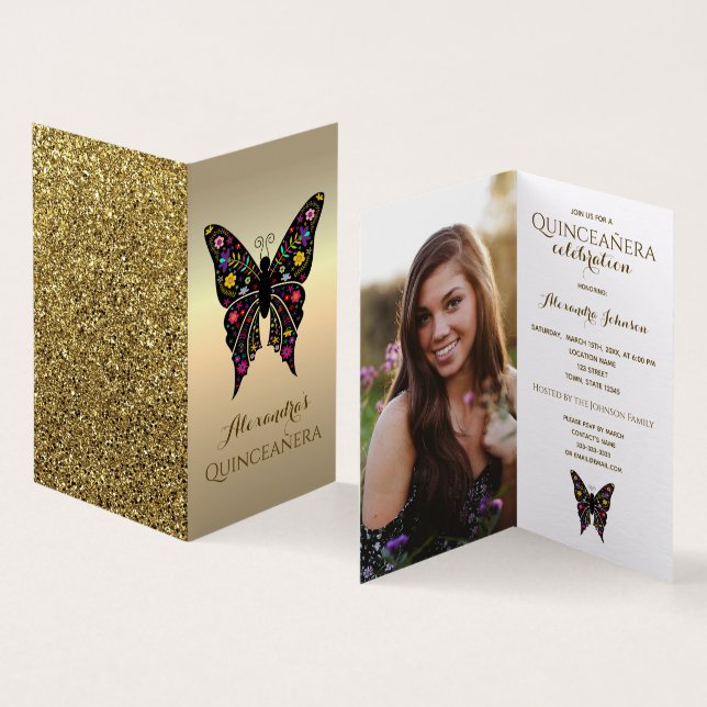 Foto Quinceanera 15e verjaardag Kleurrijke Vlinder Kaart (Binnen en buitenkant)