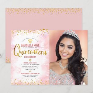 Foto Quinceañera Blush Roze Gouden Glitter Tiara Kaart