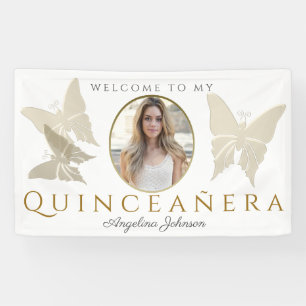 Foto Quinceanera gouden vlinder welkom Spandoek