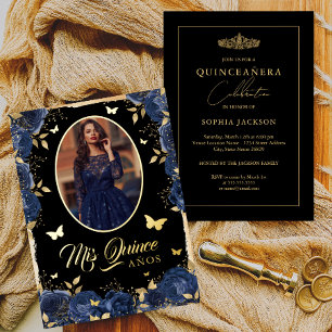 Foto Quinceanera Navy Blauwe Gouden Roos Vlinder Folie Uitnodiging