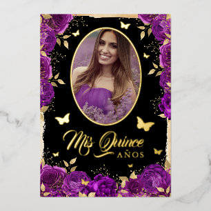 Foto Quinceanera Paars Goud Roos Vlinder  Folie Uitnodiging