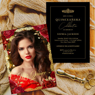 Foto Quinceanera Rode Roos Gouden Kant Verjaardag Folie Uitnodiging