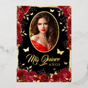 Foto Quinceanera Rood Goud Roos Vlinder Folie Uitnodiging