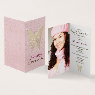 Foto Quinceanera Roze Gouden Vlinder Uitnodiging