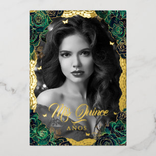 Foto Quinceanera Smaragd Roze Gouden Kant Folie Uitnodiging