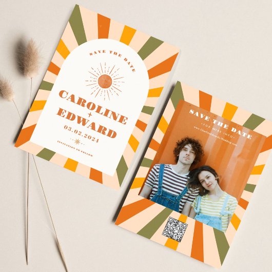 Foto Rainbow Wavy Groovy Bewaar de datum Qr-code Save The Date