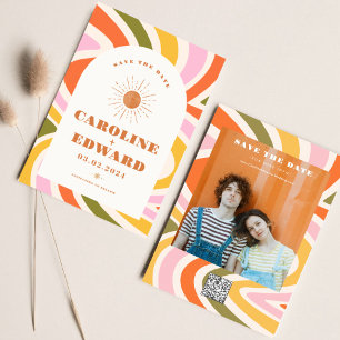 Foto Rainbow Wavy Groovy Bewaar de datum Qr-code Save The Date