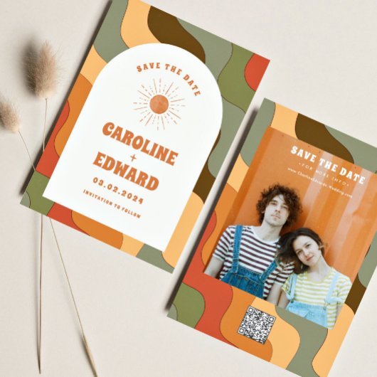 Foto Rainbow Wavy Groovy Bewaar de datum Qr-code Save The Date