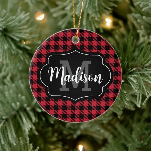 Foto: Red Black Buffalo Pset Monogram Keramisch Ornament (Boom)