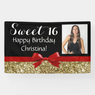 Foto Red Gold Glitter Sweet 16 Birthday Party Spandoek