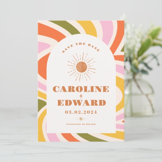 Foto Regenboog Golvend Groovy Save the Date Qr Cod (Staand voorkant)