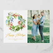 Foto Rode Winterbes en Jeneverbeskrans Folie Feestdagenkaart (Voorkant)