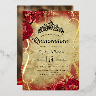 Foto Rood Bloemig Scroll Quinceanera Folie Uitnodiging
