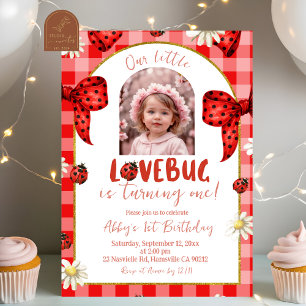 Foto Rood Geruit Boog Coquette Lovebug Verjaardag Kaart