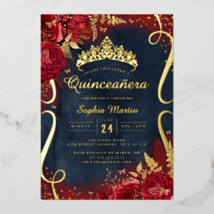 Foto Rood Goud Navy Bloemige Rol Quinceanera Folie Uitnodiging