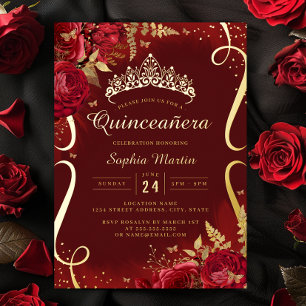 Foto Rood Gouden Bloem Schorpioen Quinceanera Folie Uitnodiging