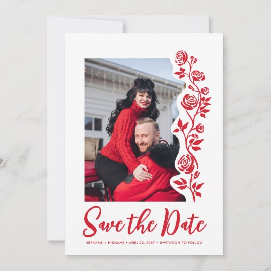 Foto Rood Wit Hand Getrokken Rozen QR Code Website Save The Date (Voorkant)