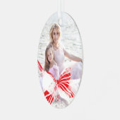 Foto Rood Wit Plaid Bow Keepsake Datum Kerstmis Metalen Ornament (Voorkant links)