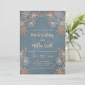 Foto Roos Gold Dusty Blue Wedding Kaart (Staand voorkant)
