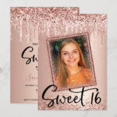 Foto Roos Gold Glitter Drip Girly Modern Sweet 16 Kaart (Voorkant / Achterkant)