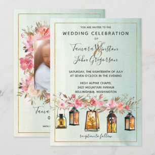 Foto Roos Gold Lantern Waterverf Floral Wedding Kaart