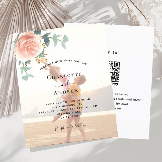 Foto roos gouden bloemen QR RSVP huwelijksuitnodig