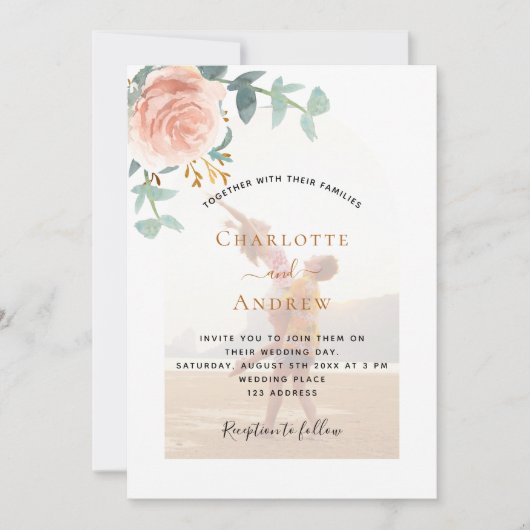 Foto roos gouden bloemengroen foto boog bruiloft kaart (Voorkant)