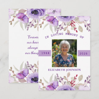 Foto rouwbetuiging herdenking paarse bloemen  notitiekaartje