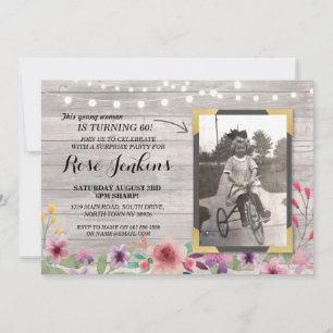 Foto Roze Birthday Floral Rustic Wood Invitations Kaart