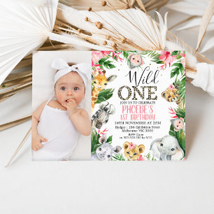 Foto Roze Bloemen Safari Wild One Birthday Kaart
