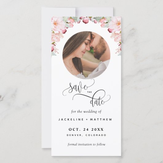 Foto, roze Floral Wedding Save the Date Bladwijzer (Voorkant)