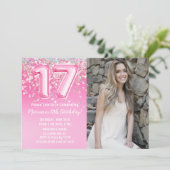 Foto Roze Glitter 17e Verjaardag Kaart (Staand voorkant)