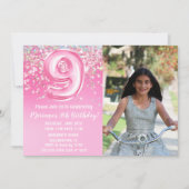 Foto Roze Glitter 9e Verjaardag Kaart (Voorkant)