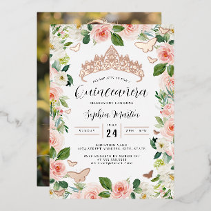 Foto Roze Gouden Bloemenkroon Vlinder Quinceanera Folie Uitnodiging