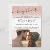 Foto roze gouden glitterscript wijziging datum kaart (Voorkant)