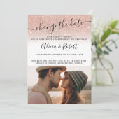 Foto roze gouden glitterscript wijziging datum kaart (Staand voorkant)