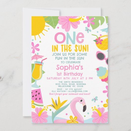 Foto Roze Zwembad Een in de zon 1e verjaardag Kaart (Voorkant)